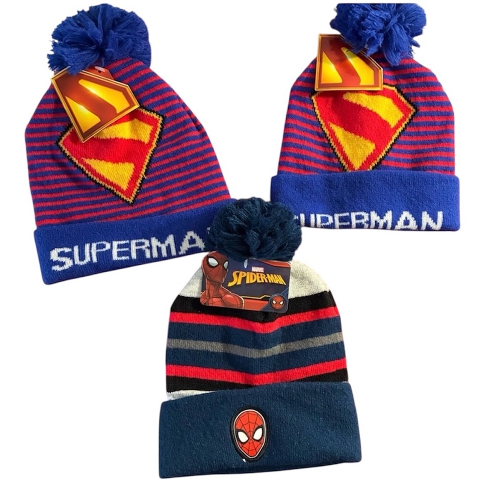 NWT Bundle: Marvel Spider-Man & DC Superman Pom Beanies - 3 Pack